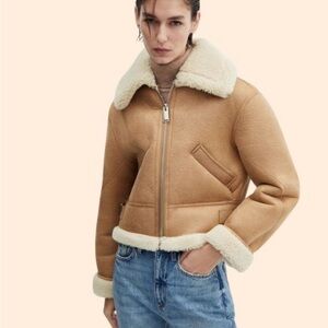 Mango Camel Teddy Jacket with Cream Accents